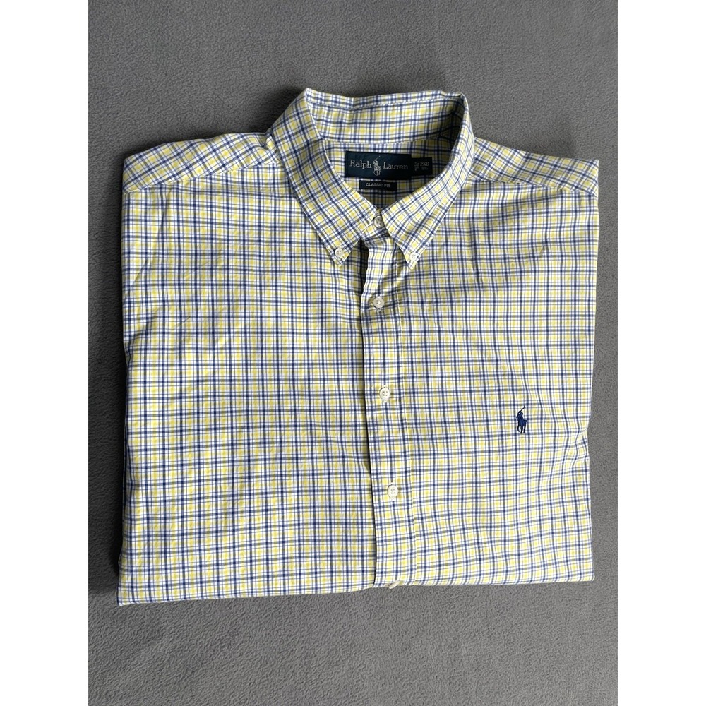 Ralph Lauren Men 2XB Big Plaid Button Down Shirt Yellow Blue Cotton Long